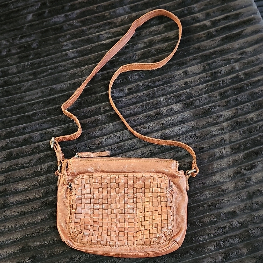 ZOA Woven Tan Leather Crossbody Bag